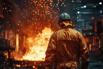 Fototapeta premium Industrial worker facing fiery meltdown steel factory action shot urban environment dramatic viewpoint resilience concept