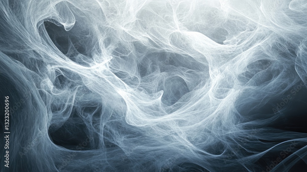 Poster ethereal and dynamic smoke patterns creating a mysterious atmosphere in soft blue and grey tones