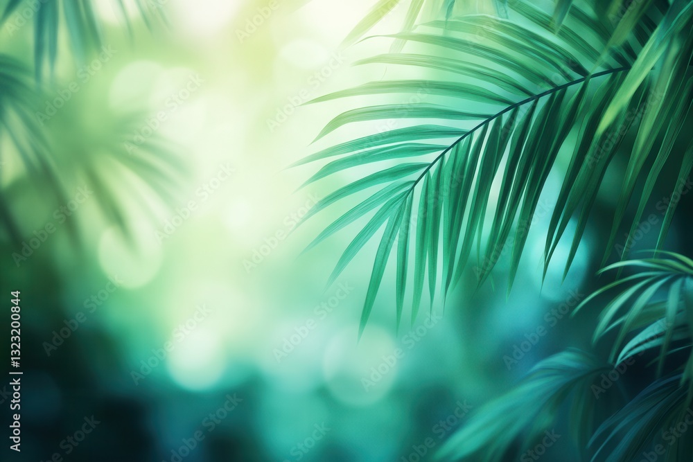 Poster tropical paradise with blurred palm leaves creating a fresh and adventurous atmosphere in a serene g