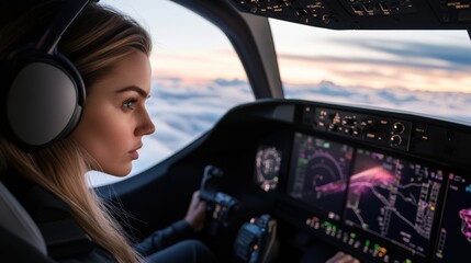 A commercial airline pilot inside the cockpit of a next-generation passenger jet, adjusting the digital controls on an advanced glass cockpit panel while navigating through turbulent weather