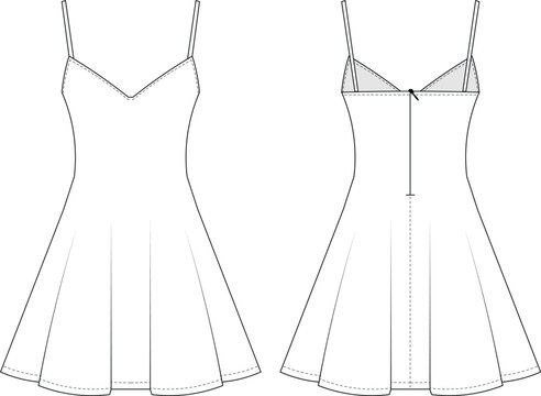 curved deep v neck sleeveless strapped strappy spaghetti straps zippered a line short mini dress fit and flared template technical drawing flat sketch cad mockup fashion woman design style model 
