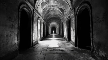 Fototapeta premium Dark Gothic Corridor with Arched Ceilings and Shadows in Abandoned Building