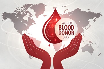 World Blood Donor Day illustration showing hands holding a blood drop with a world map backdrop