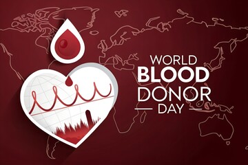 World Blood Donor Day illustration with heart, blood drop, and world map for awareness campaign