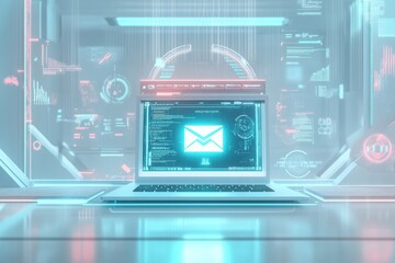 High-tech laptop displays digital interface and email symbol in futuristic workspace