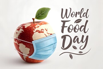 World Food Day concept showing an apple with a world map wearing a face mask on a white background