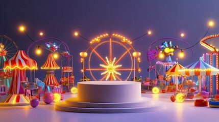 Obraz premium Enchanted Carnival Night: A Whimsical 3D Render of a Festive Amusement Park at Dusk