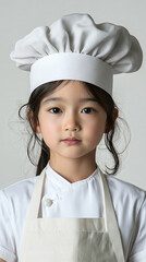An Asian Girl In A Chef’ Hat And Apron, Standing In A Bright Kitchen