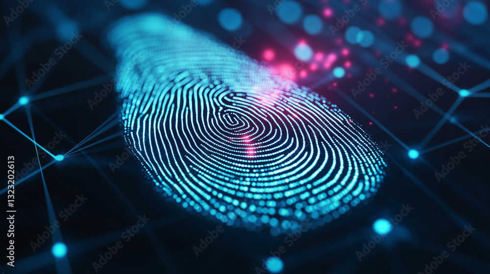 Poster close-up of a futuristic fingerprint with digital network effects.
