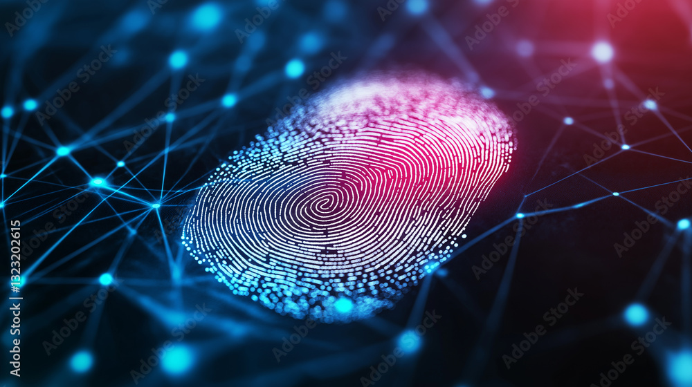 Poster close-up of a futuristic fingerprint with digital network effects.
