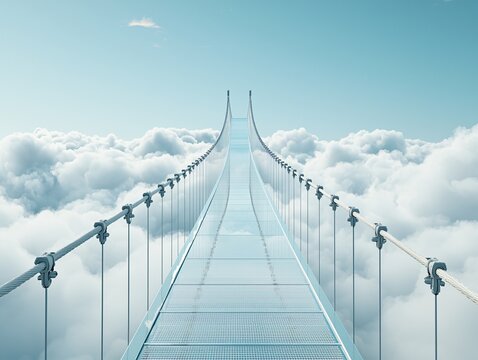 A glass bridge suspended in mid-air, seemingly disconnected from any support, giving the illusion of walking on nothingness. The sky beneath it reflects as if it&acirc;&euro;&trade;s an endless drop, disorienting the