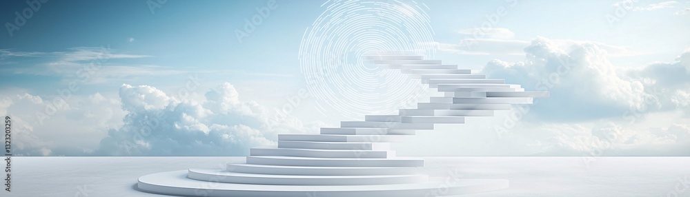 Poster a massive staircase ascending into the sky, seamlessly looping back to the ground, creating an infin