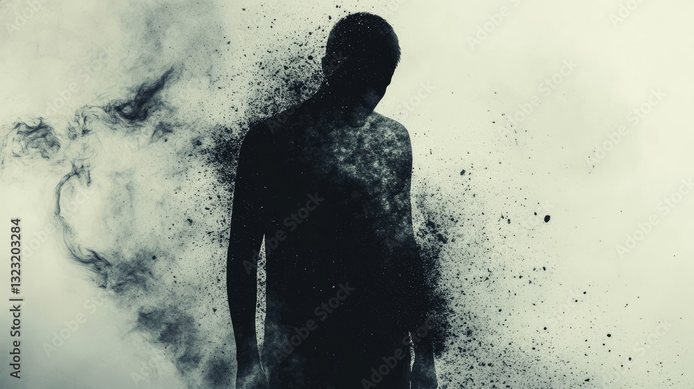 Poster ethereal silhouette of a man disintegrating into dust against a soft background