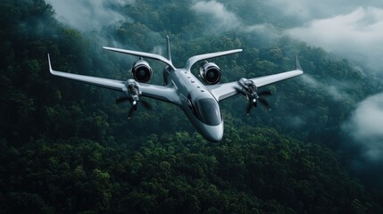A conceptual hydrogen-powered aircraft flying silently over a lush green landscape, emitting zero carbon emissions, showcasing the future of eco-friendly aviation