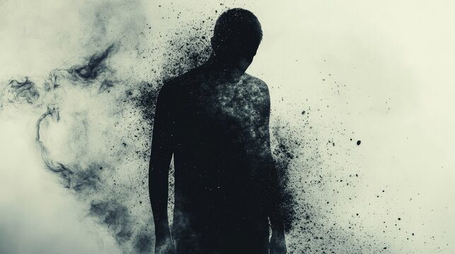 Ethereal Silhouette of a Man Disintegrating into Dust Against a Soft Background