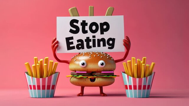 Bad food with a sign stop eating us: unhealthy meals, processed ingredients, dietary awareness, junk consumption, health risks, artificial additives, nutrition education, fast dining trans fat warning