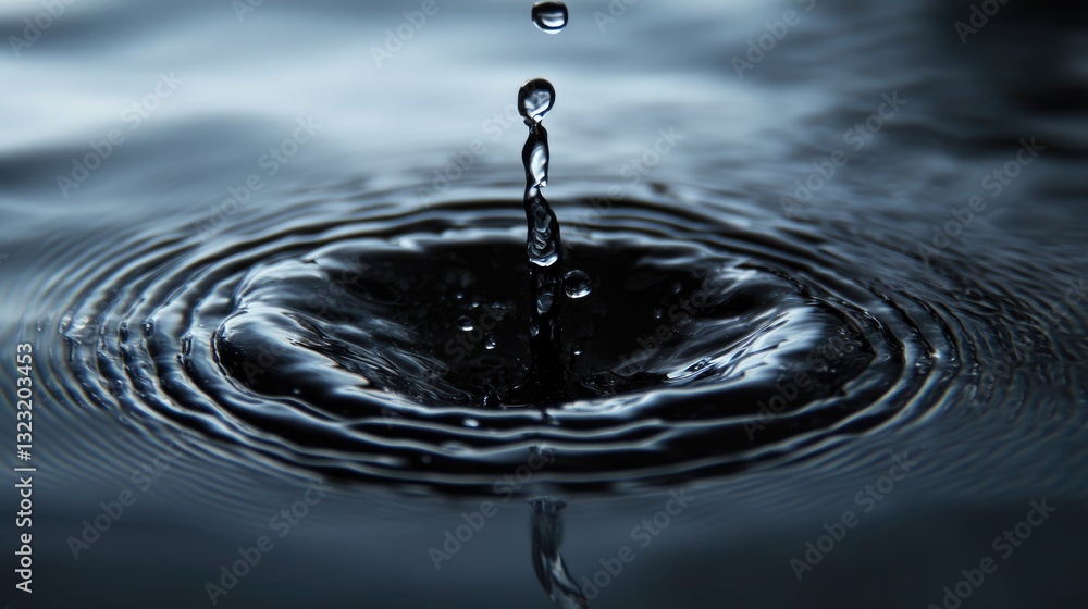 Poster droplet splashing on calm water surface creating ripples in dark tones and reflections for nature an