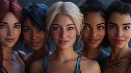 Obraz premium Vibrant web banner showcasing individuals from diverse ethnic backgrounds coming together in harmony, capturing a range of skin tones, clothing styles, and expressions to represent diversity.