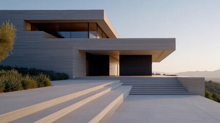 Modern house on a scenic hill with a sleek automated garage door opening to reveal a beautiful exterior design