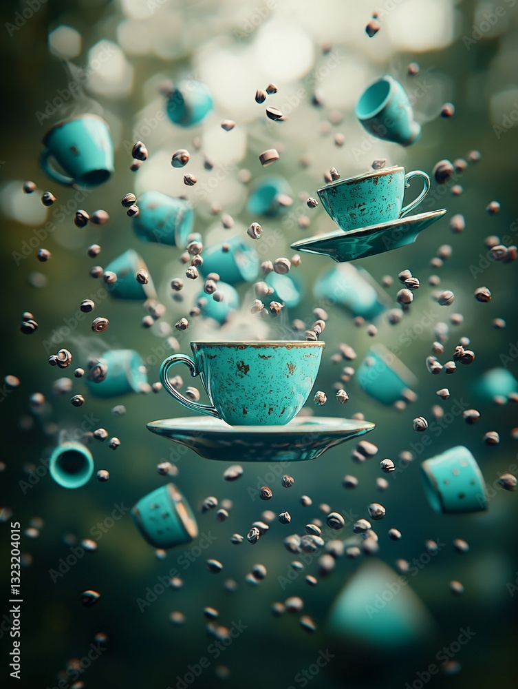 Poster a cafe where objects on tables appear to defy gravityâ€”cups float mid-air, chairs lean at impossibl
