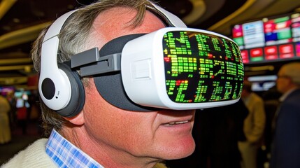 Man Wearing a White VR Headset with Green Data Display in a Blurred Background