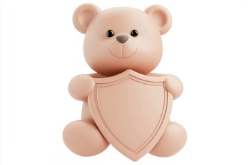 Fototapeta premium Teddy Bear with Shield: A friendly teddy bear figurine proudly holds a blank shield, perfect for conveying safety, security, and protection.