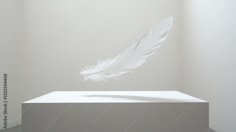 Poster ethereal white feather floating above a minimalist white display in a bright and clean space