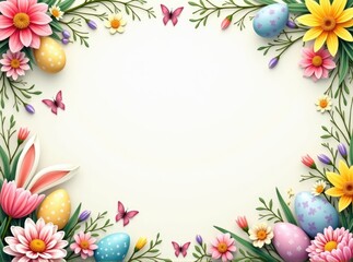 a template for greeting card with colorful easter eggs and spring flowers frame