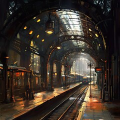 Obraz premium A Steampunk Train Station: Vintage Architecture and Atmospheric Artwork