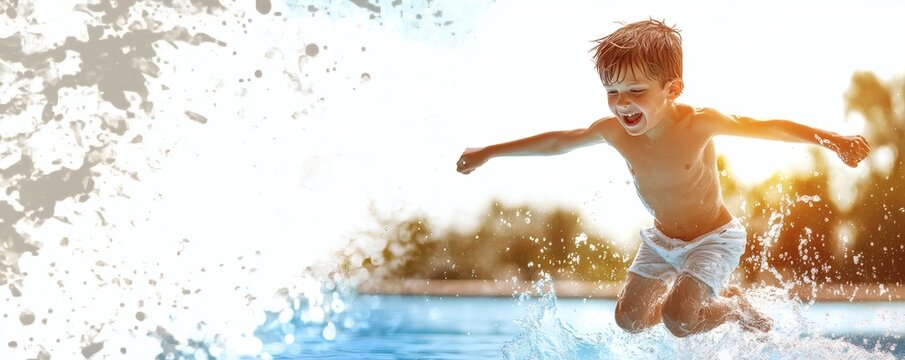 Joyful boy leaps from the pool into cool refreshing water