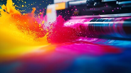 Vibrant CMYK ink splashing from a high-speed printing press.