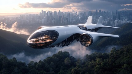 Fototapeta premium A concept design of an eco-friendly hydrogen-powered aircraft, flying silently over a pristine landscape, leaving behind no carbon emissions in its wake