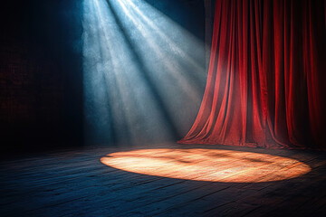 A stage with a wooden floor and a spotlight against a red curtain. Evening theatre or cabaret show. Performance concept.