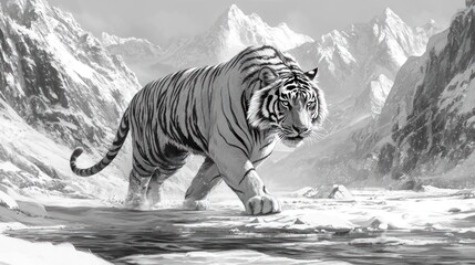 Majestic white tiger in snowy mountain landscape.  Possible use Stock photo for nature, wildlife, or adventure themes