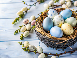 Happy Easter, colorful eggs in a basket on a vibrant background. Holiday food background