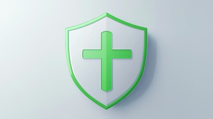 Obraz premium A green shield featuring a white cross, symbolizing protection and faith, set against a light background.