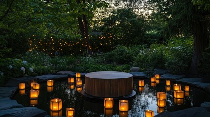Fototapeta premium Serene Night Garden: Floating Lanterns Illuminate Tranquil Pond