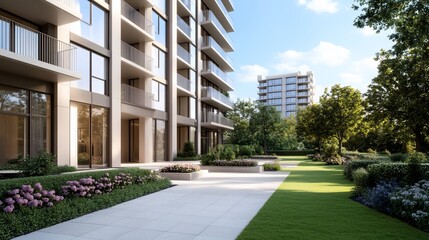 Modern apartment building garden, sunny day