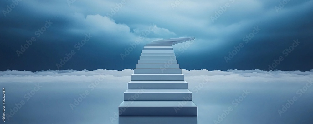 Poster a massive staircase leading into the sky, but each step is a reflection of the one below, creating a