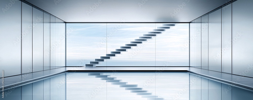 Poster a massive staircase leading into the sky, but each step is a reflection of the one below, creating a
