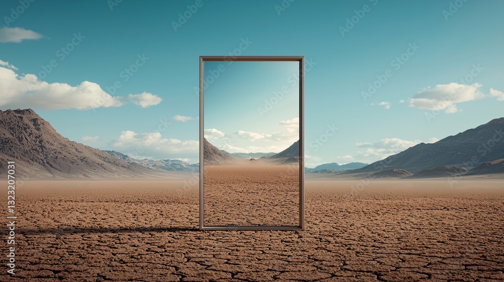 Aufkleber a mirror in the middle of a desert that does not reflect reality but instead reveals an alternate wo