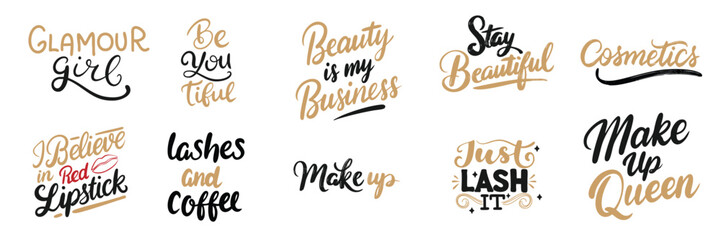 Big collection of Make up text lettering in gold and black color. Hand drawn vector art.