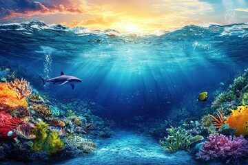 Fototapeta premium Marine landscape with underwater view nature scenic sea