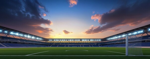 A grand soccer stadium is illuminated during a sunset event