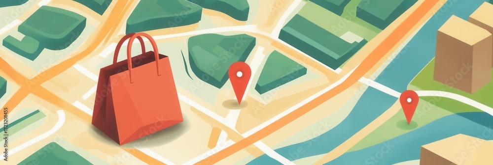 Aufkleber elegant illustration of a delivery route map featuring a grocery bag icon and location pins in a cle