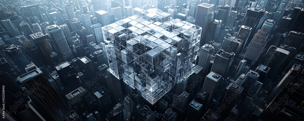 Aufkleber a floating cube in the middle of a city that reflects a different version of reality inside, mind-be
