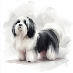 Illustration of the Old English Sheepdog, soft watercolor tones, white background, detailed illustration, cartoonish.