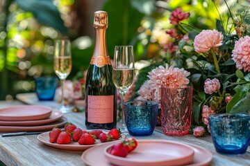 Colorful outdoor dining set with champagne, flowers, and snacks on garden terrace. Vibrant plates, glasses, and fresh strawberries creating a cheerful atmosphere.