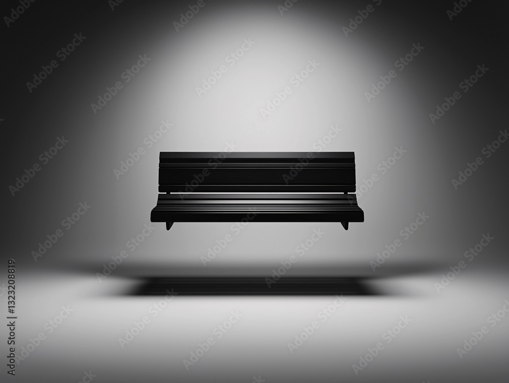 Poster a park bench floating in midair, casting a shadow on an invisible surface below, gravity-defying sur
