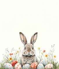 Obraz premium Easter Bunny in the Garden: An adorable Easter bunny surrounded by decorated eggs, and delicate wildflowers, creating a whimsical springtime scene.